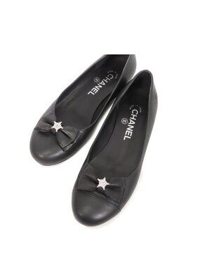 Chanel Ballet Shoes Black Silver Leather Ribbon Star Pumps
